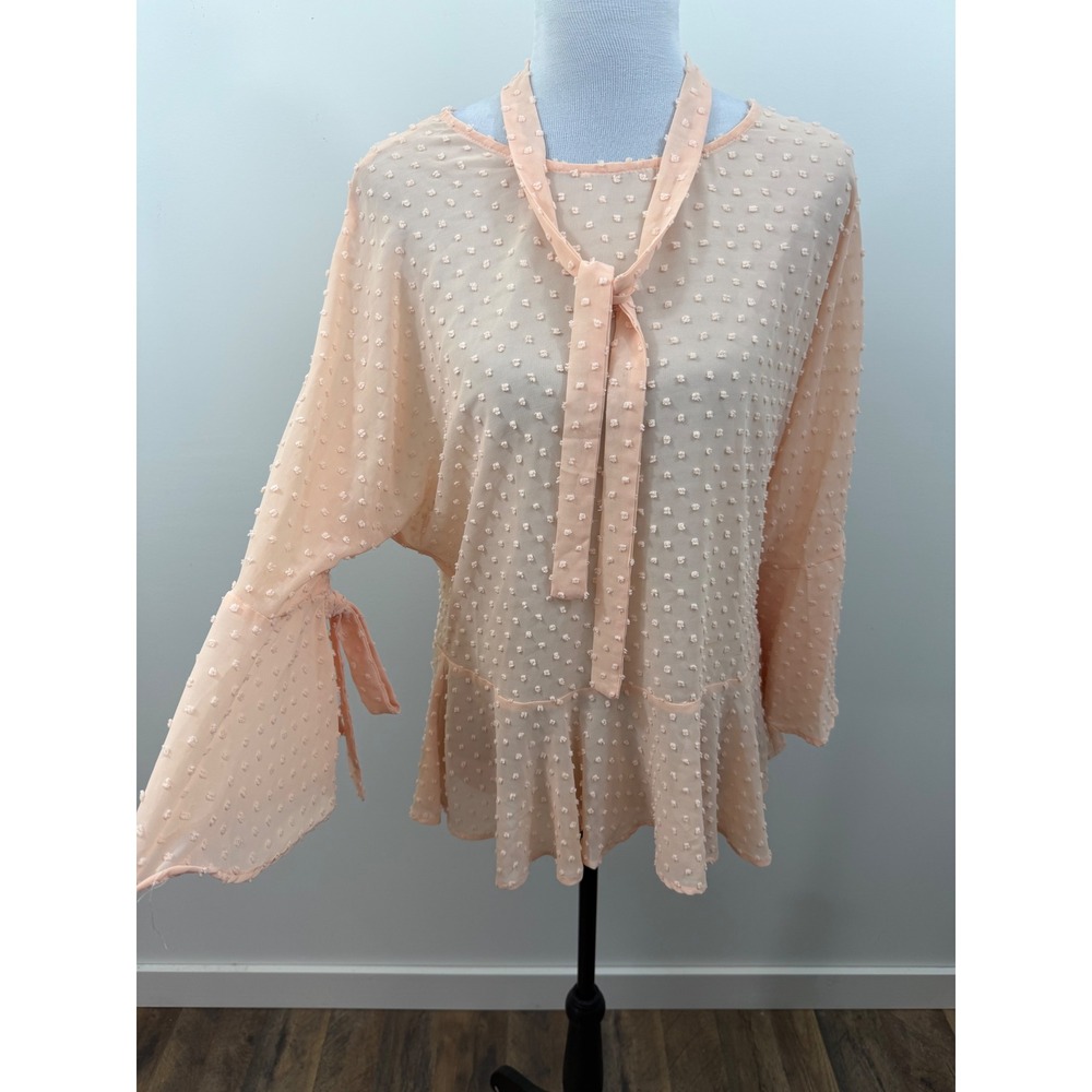 Cotton Bleu Peach Swiss Dot Tie Neck Peplum Blouse Bell Sleeve Small